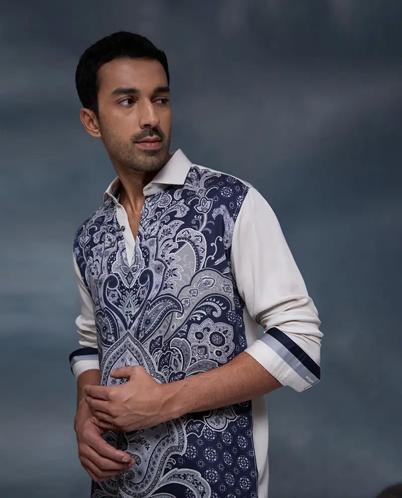 Fawn and Navy Blue Floral Print Slim Fit Shirt