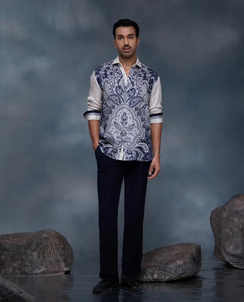 Fawn and Navy Blue Floral Print Slim Fit Shirt