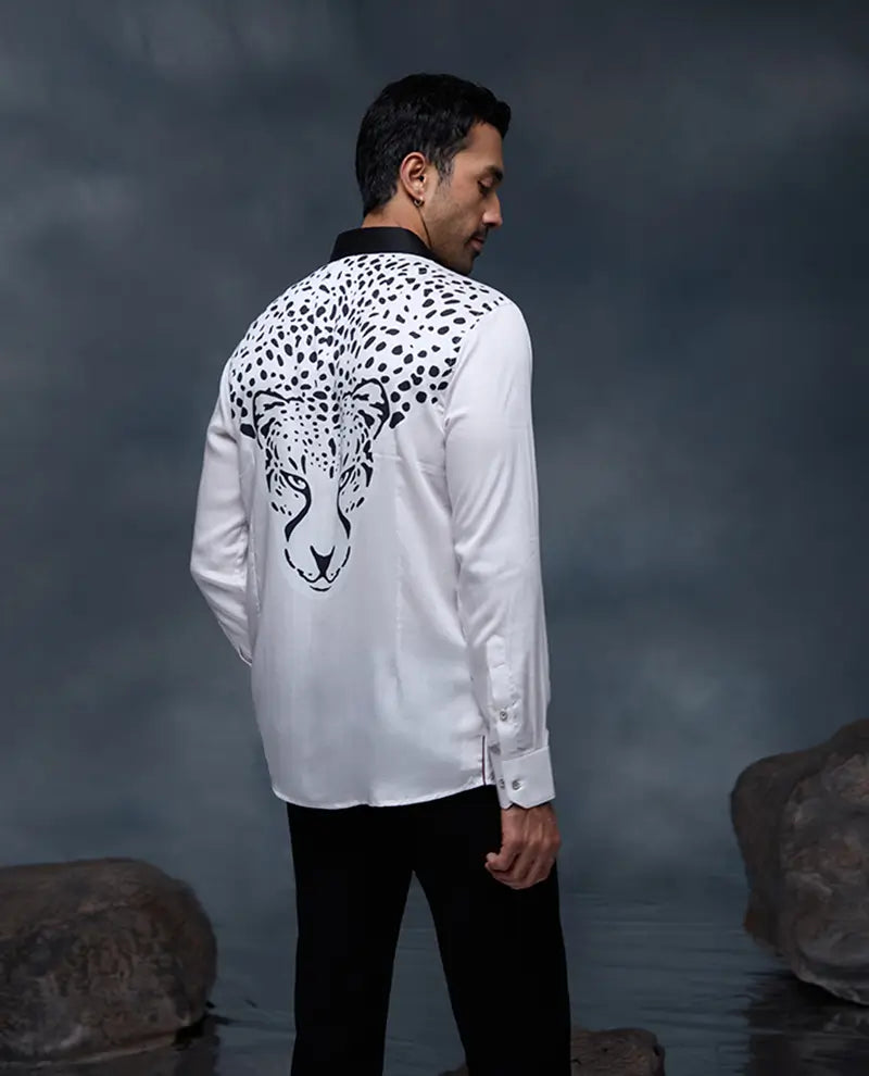 White Dalmatian Pattern Print Slim Fit Shirt