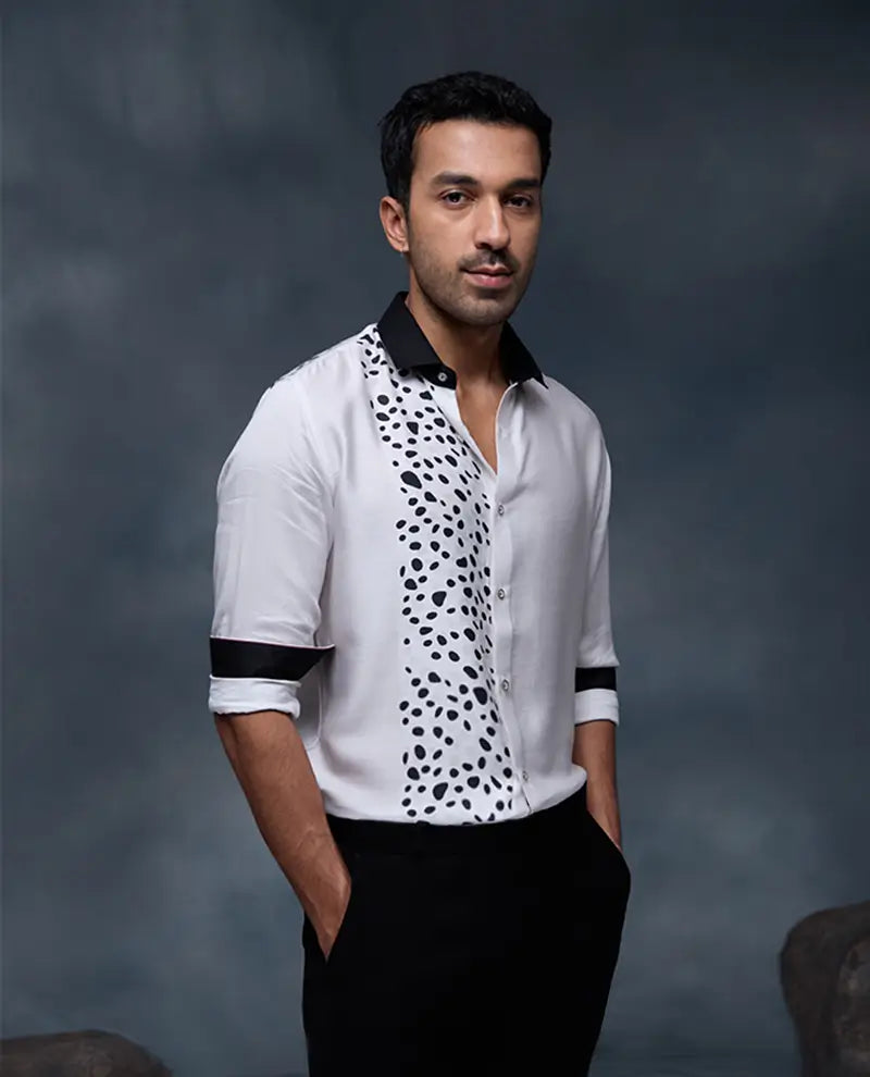 White Dalmatian Pattern Print Slim Fit Shirt