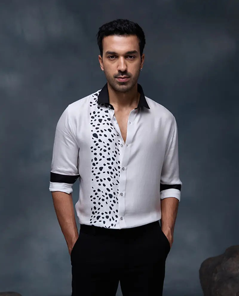 White Dalmatian Pattern Print Slim Fit Shirt