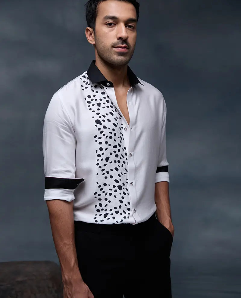 White Dalmatian Pattern Print Slim Fit Shirt