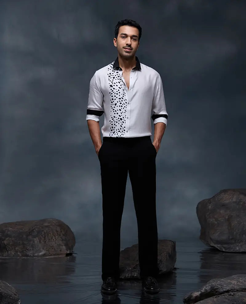 White Dalmatian Pattern Print Slim Fit Shirt