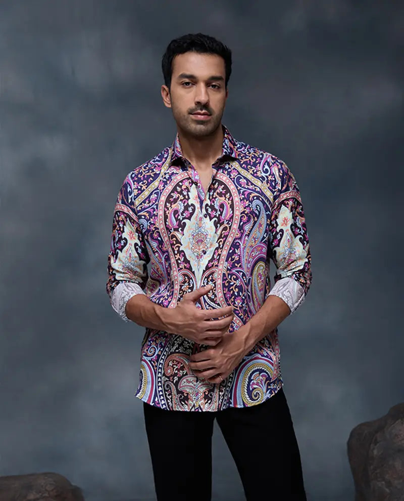Multi Geometric Floral Print Slim Fit Shirt