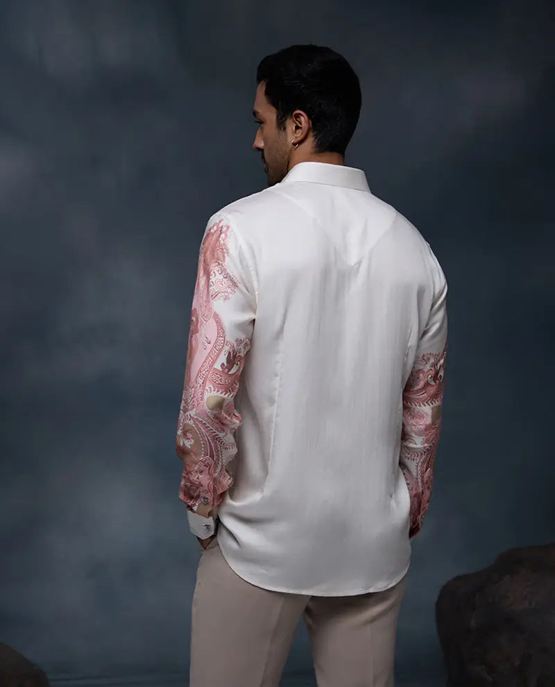 White and Pink Geometric Paisley Print Slim Fit Shirt