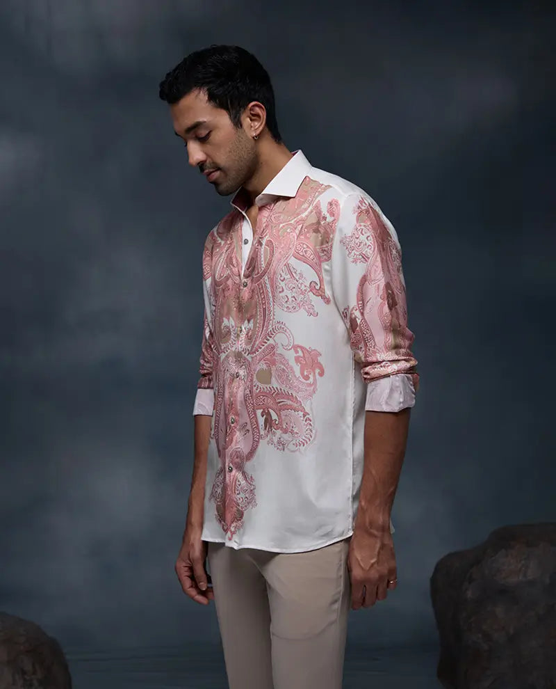 White and Pink Geometric Paisley Print Slim Fit Shirt