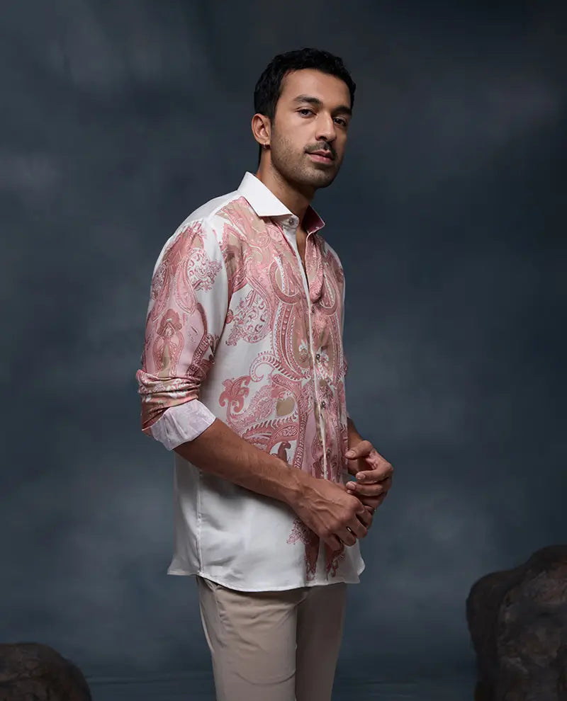 White and Pink Geometric Paisley Print Slim Fit Shirt