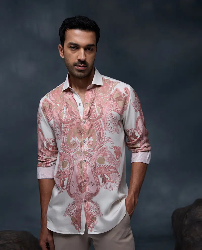 White and Pink Geometric Paisley Print Slim Fit Shirt
