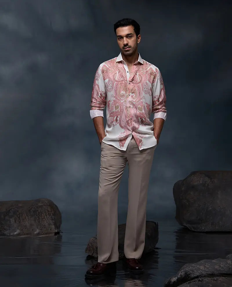 White and Pink Geometric Paisley Print Slim Fit Shirt