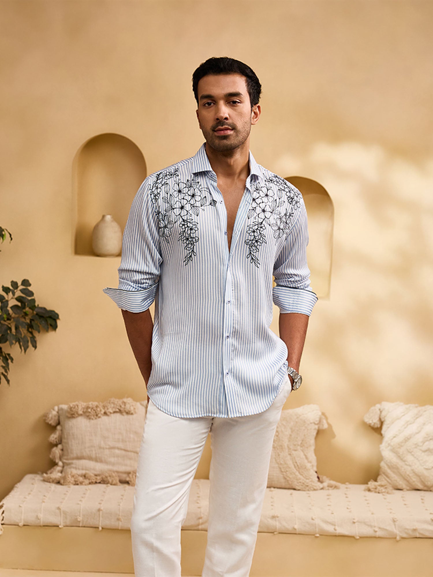 Blue Stripes Floral Print Slim Fit Shirt