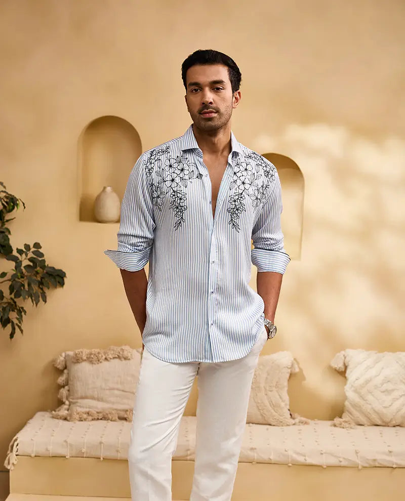 Blue Stripes Floral Print Slim Fit Shirt