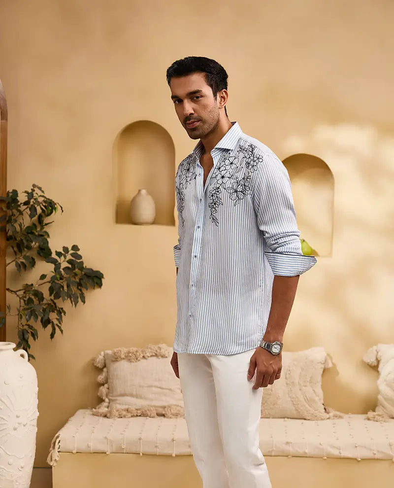 Blue Stripes Floral Print Slim Fit Shirt