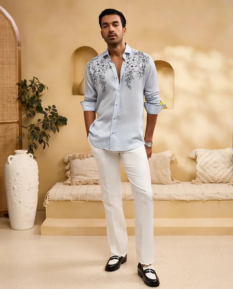 Blue Stripes Floral Print Slim Fit Shirt