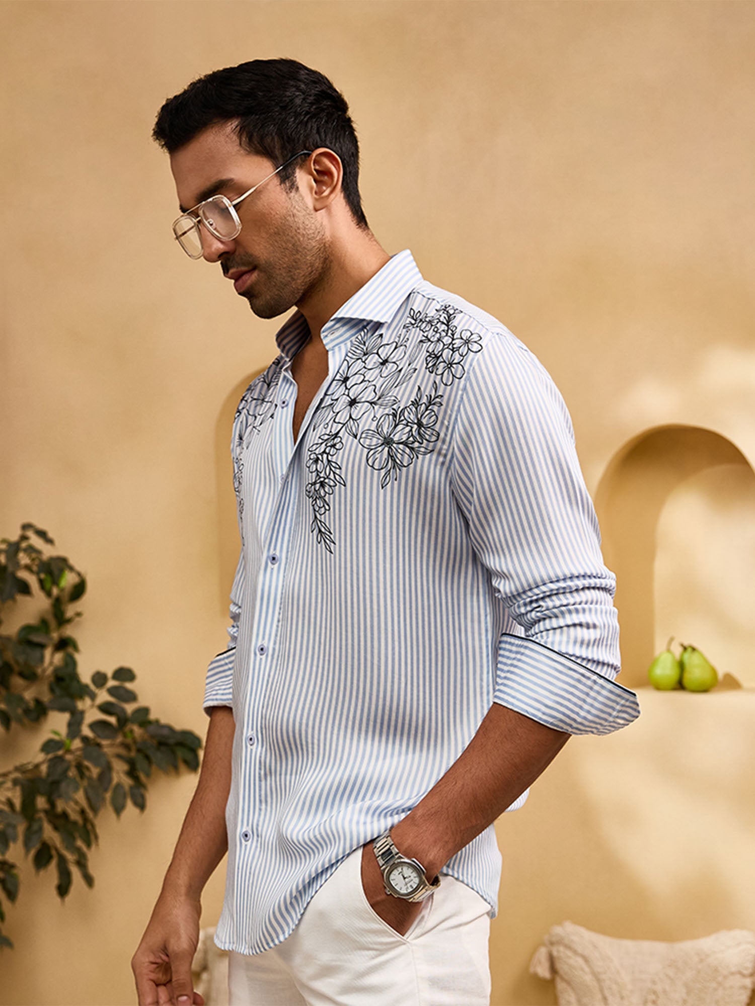 Blue Stripes Floral Print Slim Fit Shirt