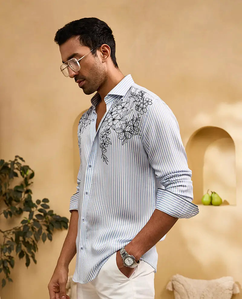 Blue Stripes Floral Print Slim Fit Shirt