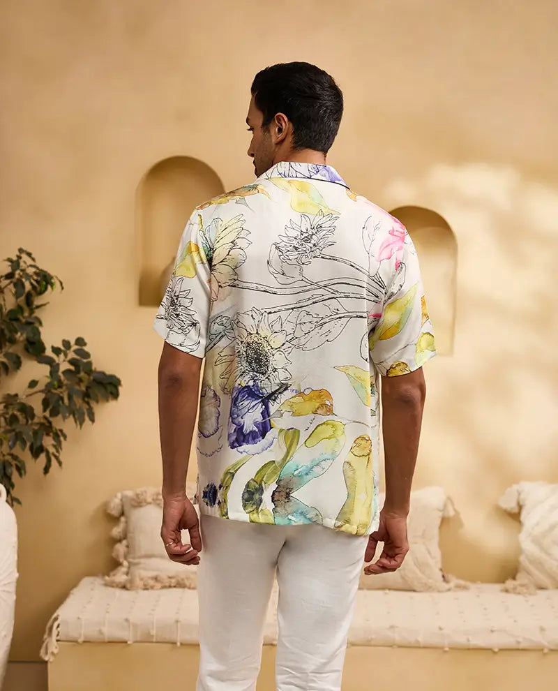 Cream Floral Print Cuban Regular Fit Shirt