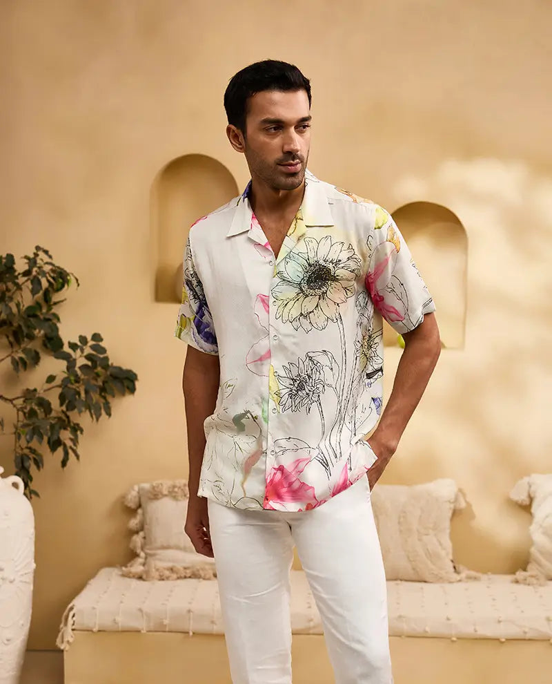Cream Floral Print Cuban Regular Fit Shirt