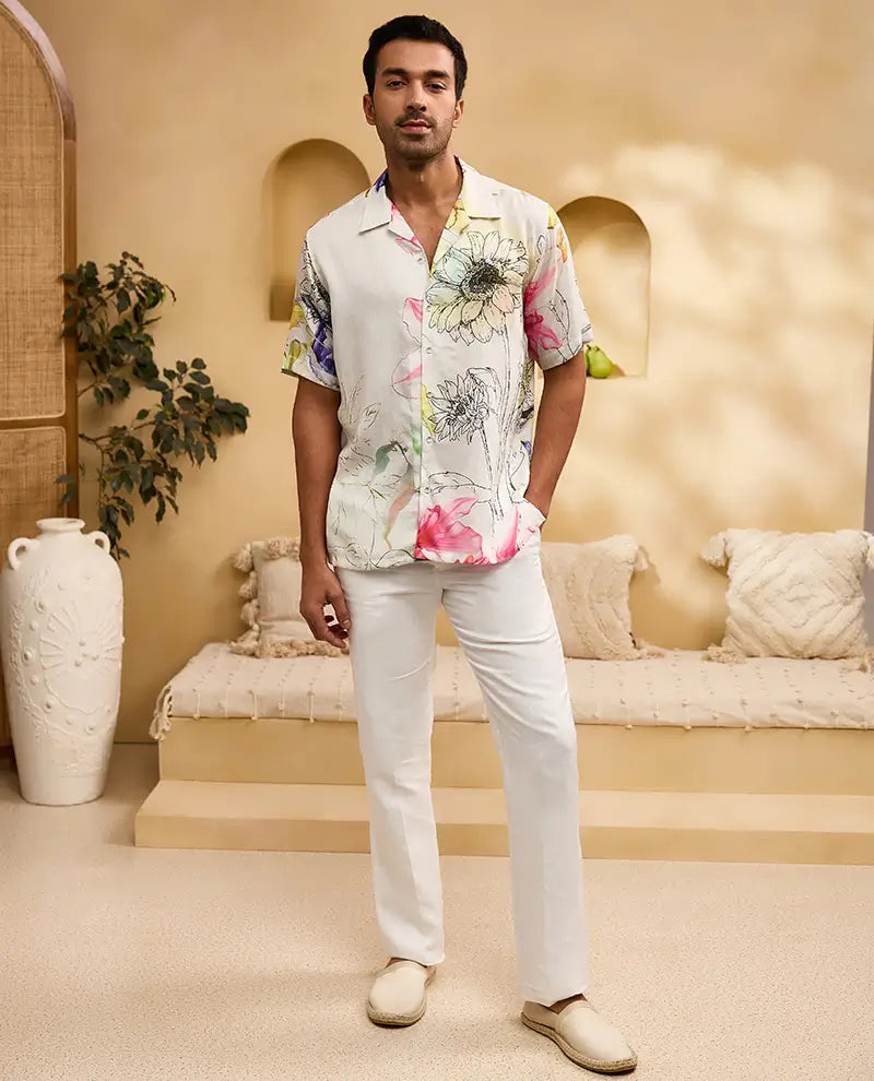 Cream Floral Print Cuban Regular Fit Shirt