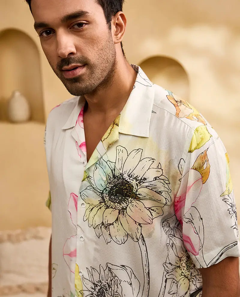 Cream Floral Print Cuban Regular Fit Shirt