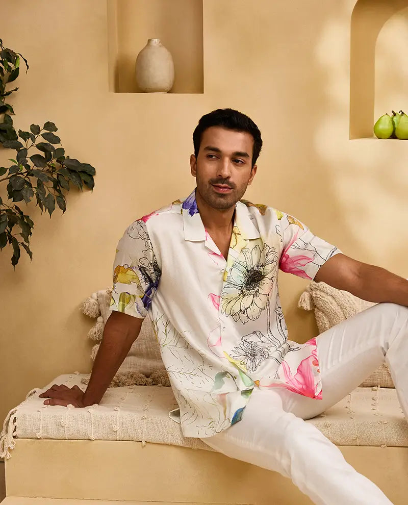 Cream Floral Print Cuban Regular Fit Shirt