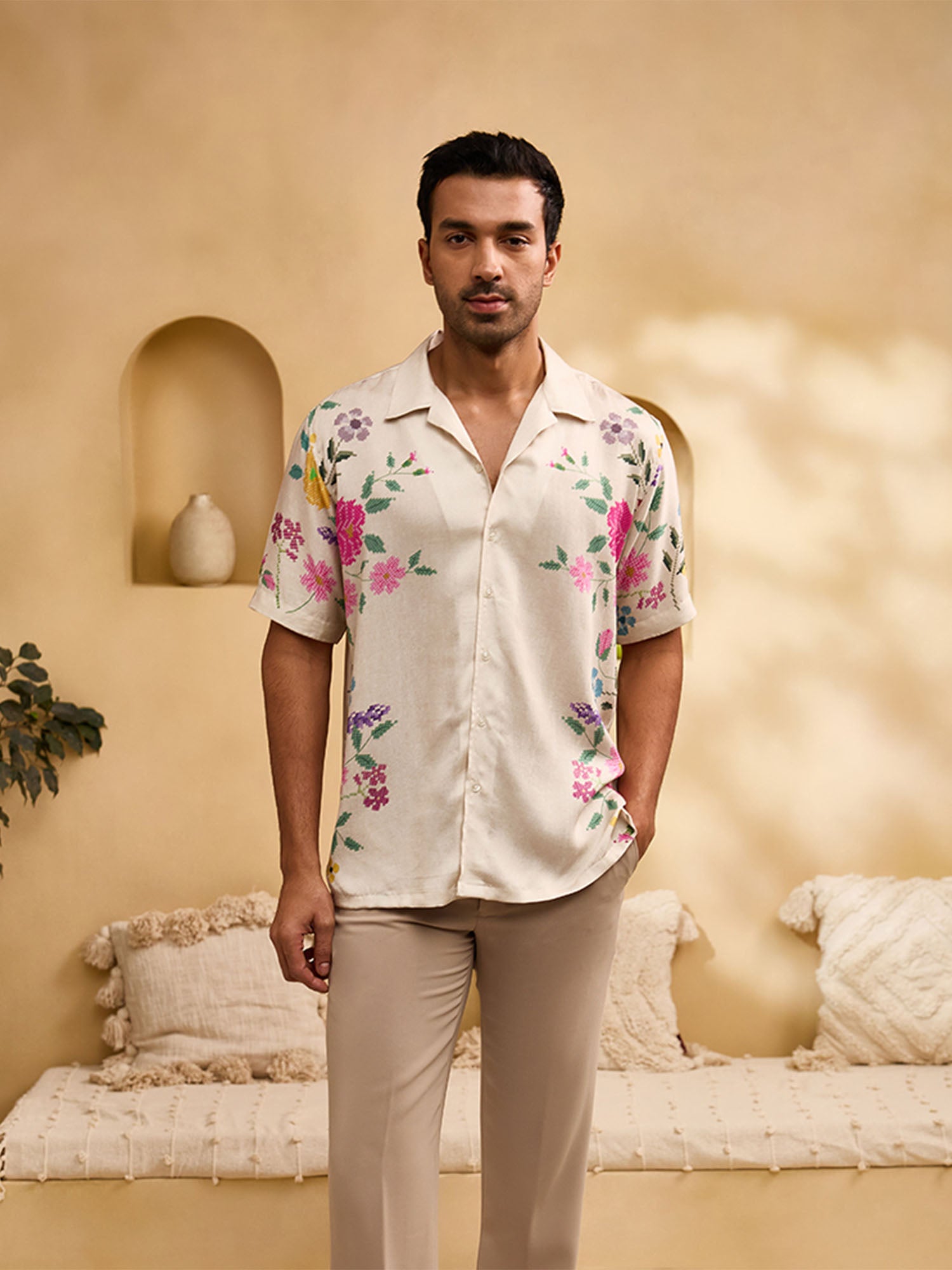 Beige Floral Print Cuban Regular Fit Shirt