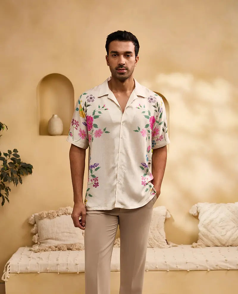 Cream Floral Print Cuban Regular Fit Shirt
