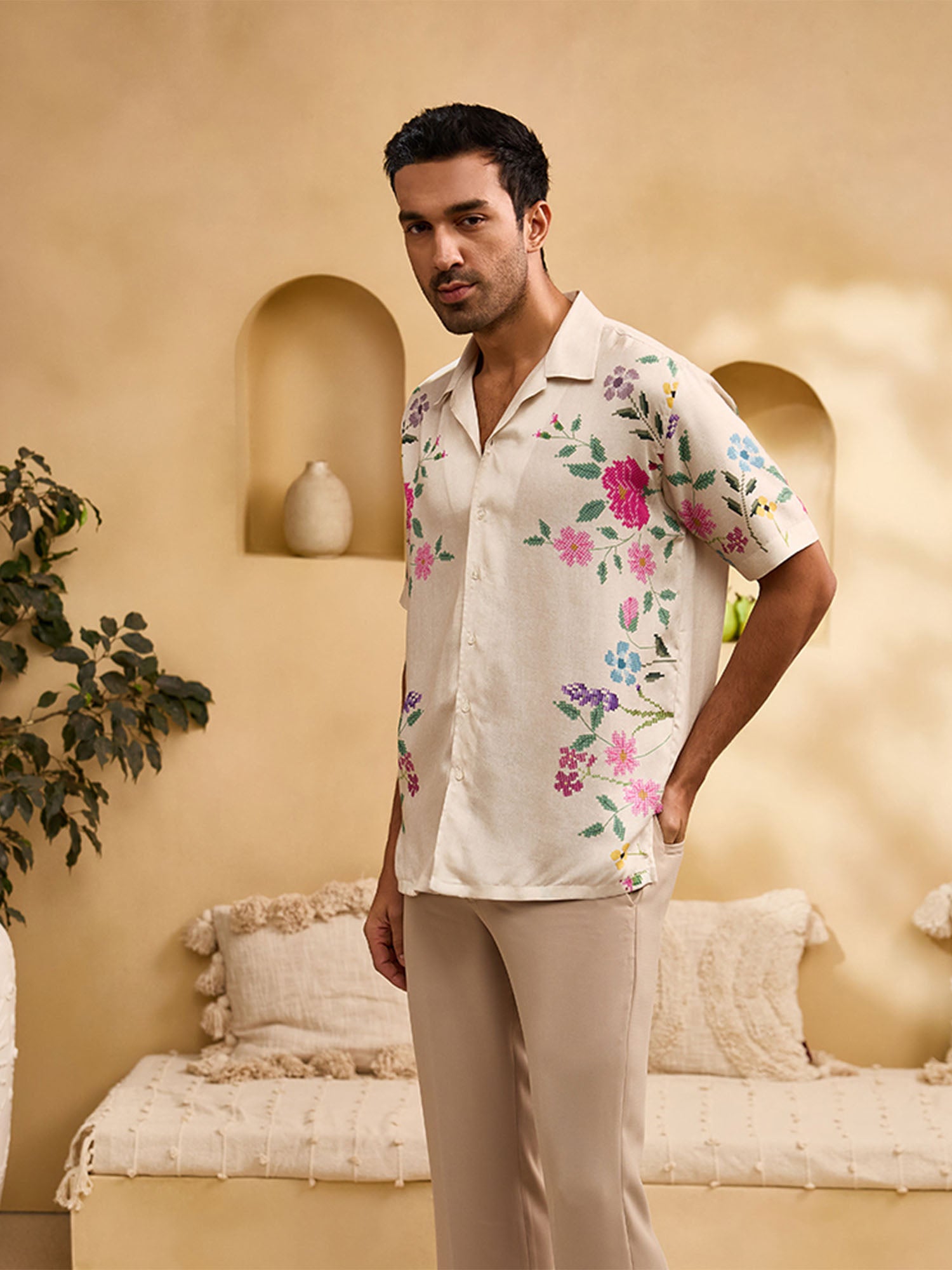 Beige Floral Print Cuban Regular Fit Shirt