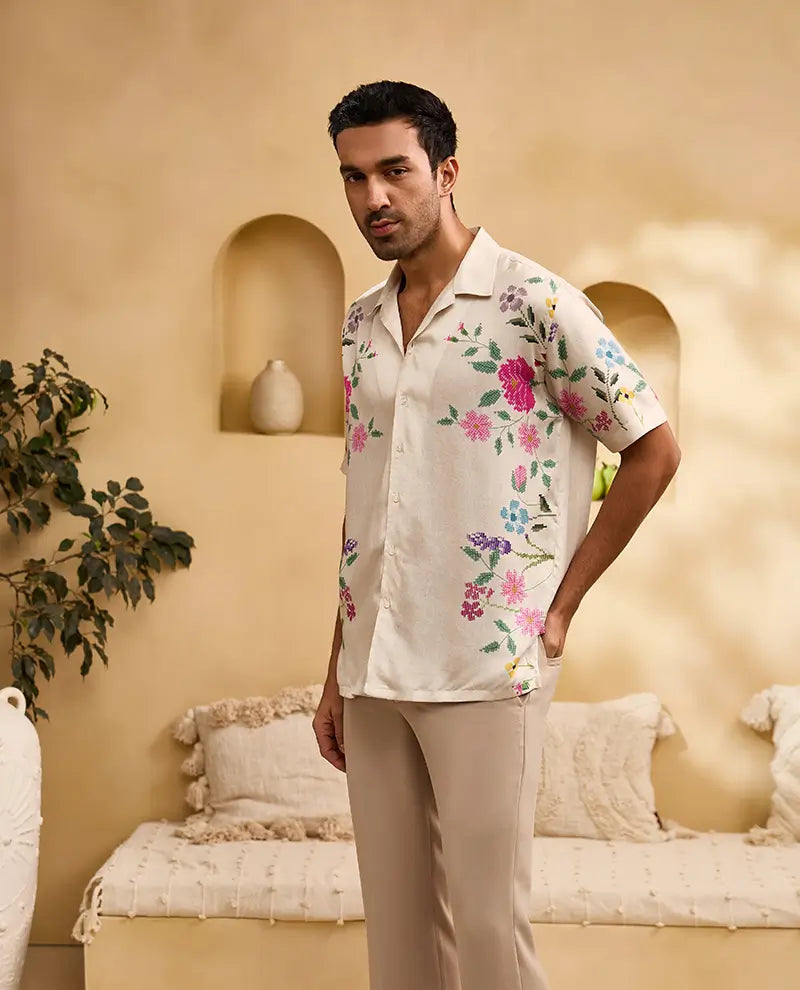 Cream Floral Print Cuban Regular Fit Shirt