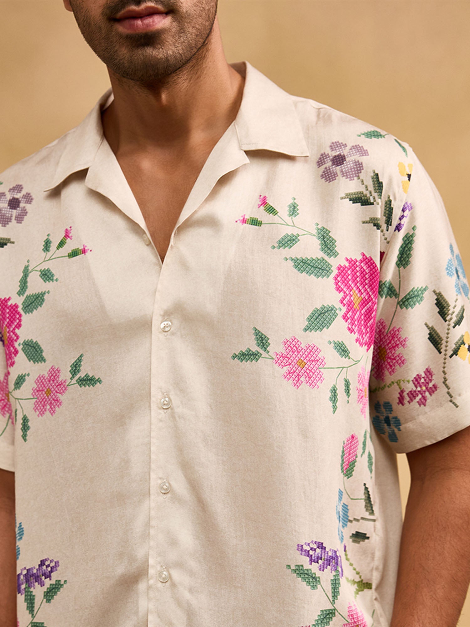 Beige Floral Print Cuban Regular Fit Shirt