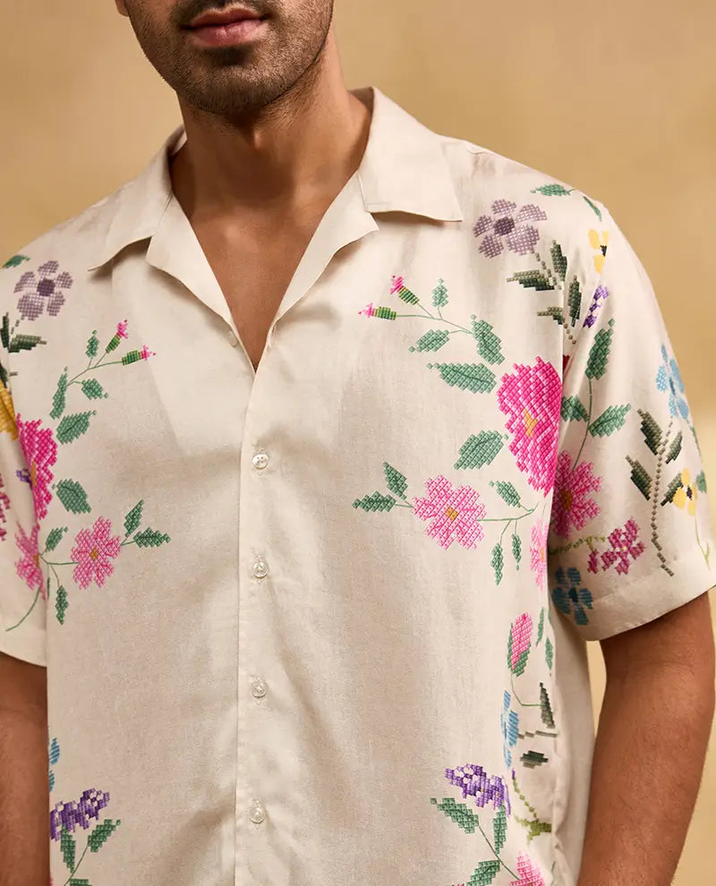 Cream Floral Print Cuban Regular Fit Shirt