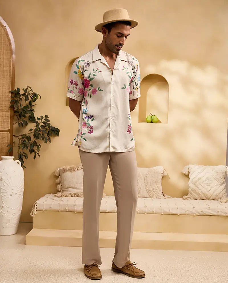 Cream Floral Print Cuban Regular Fit Shirt