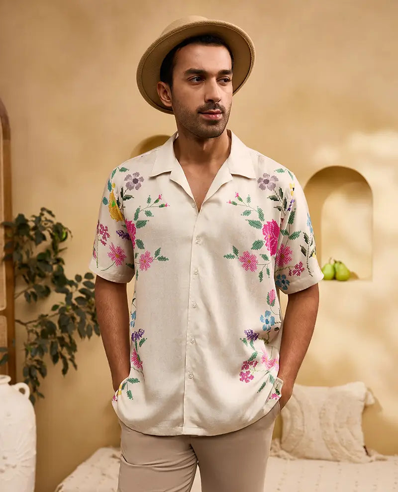 Cream Floral Print Cuban Regular Fit Shirt