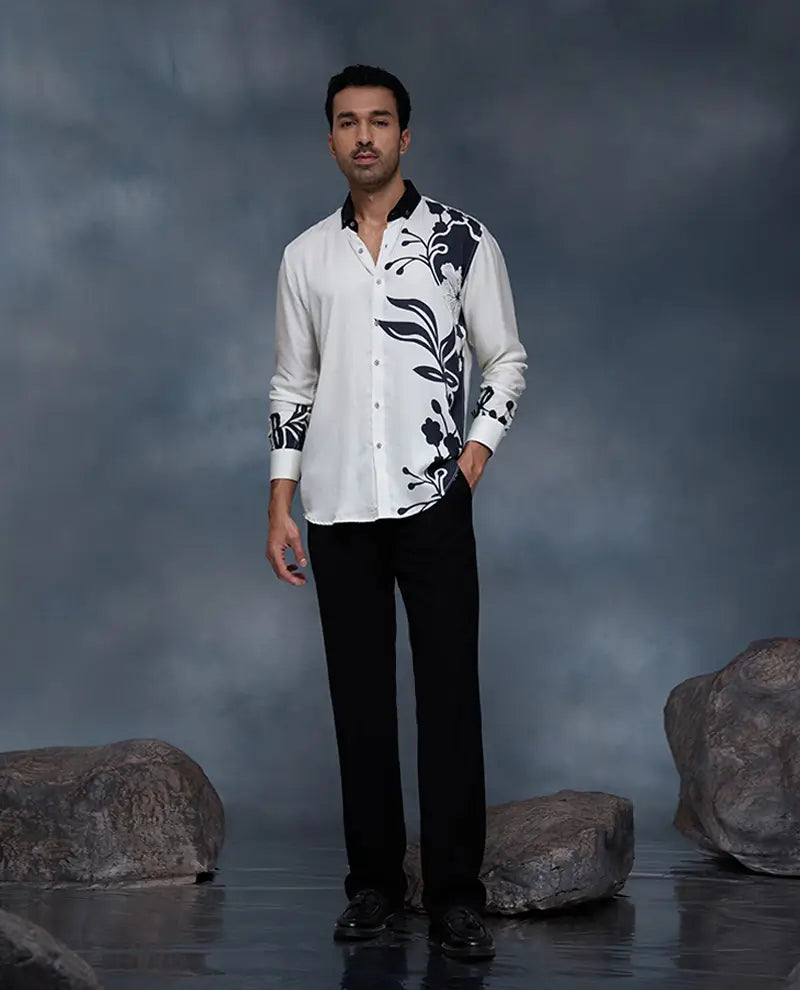 Cream and Black Floral Print Slim Fit Shirt