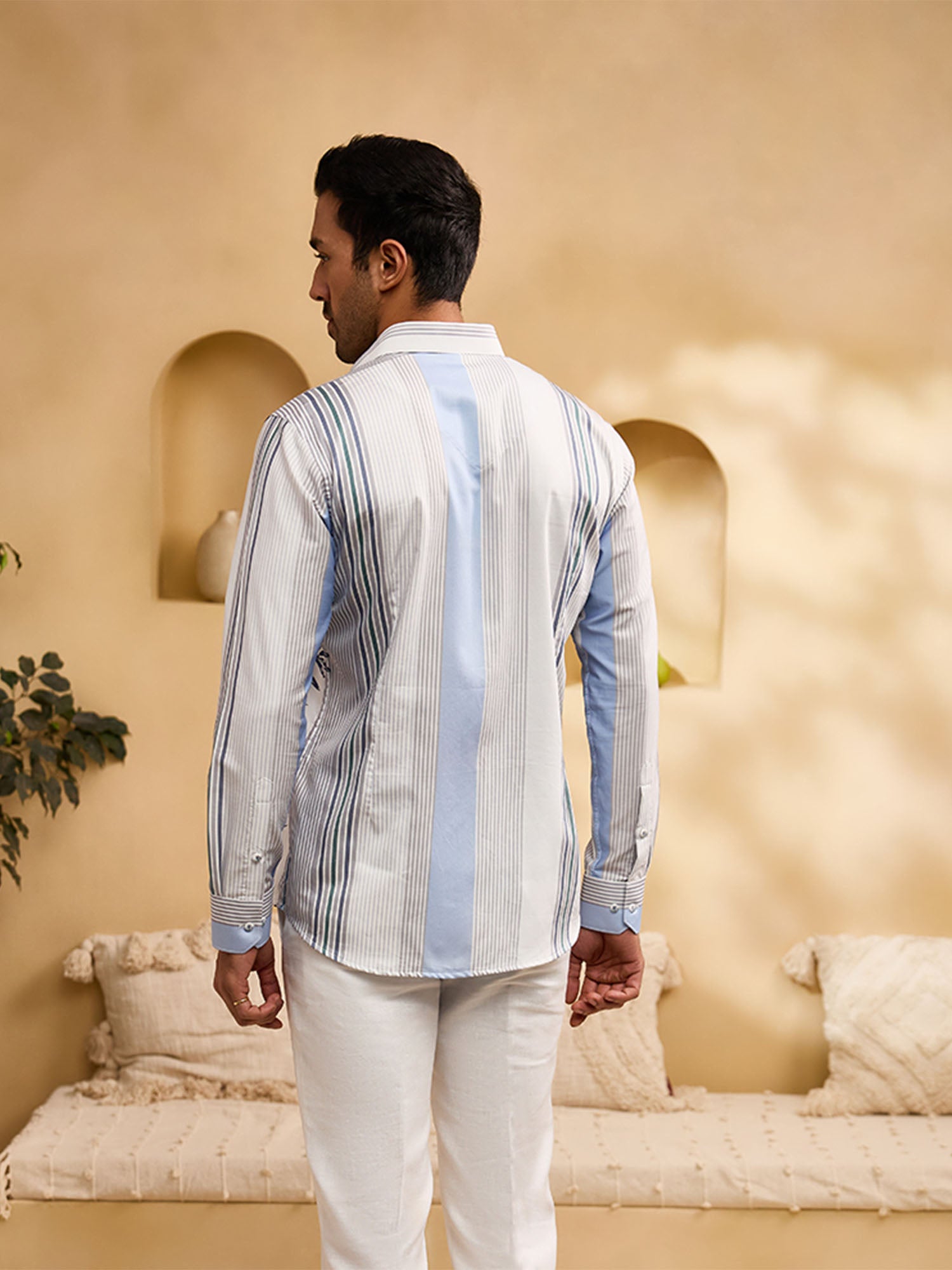 White and Blue Striped Floral Print Slim Fit Shirt