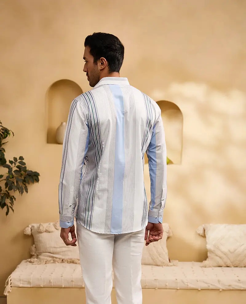 White and Blue Striped Floral Print Slim Fit Shirt