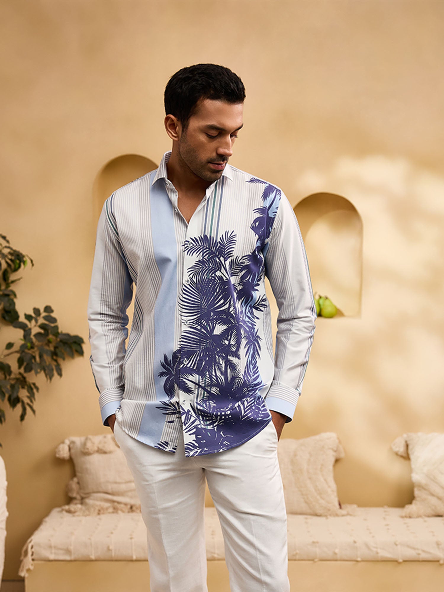 White and Blue Striped Floral Print Slim Fit Shirt