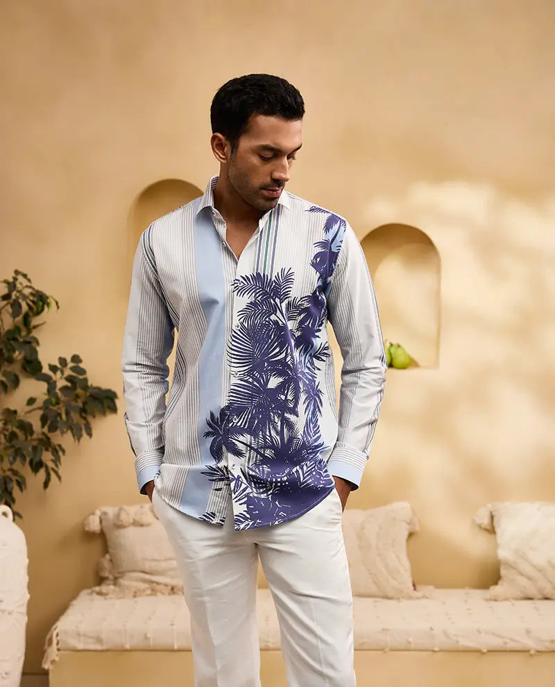 White and Blue Striped Floral Print Slim Fit Shirt