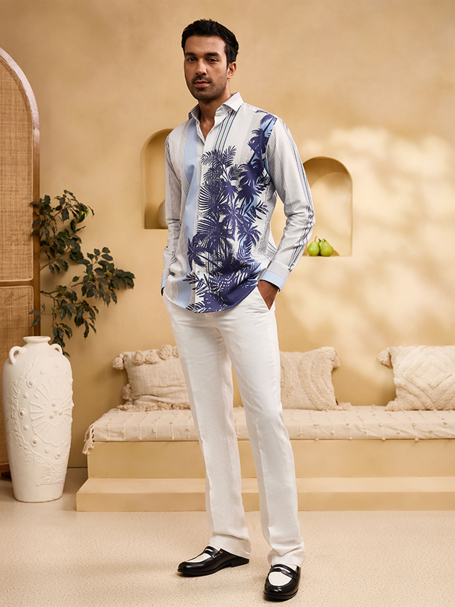 White and Blue Striped Floral Print Slim Fit Shirt