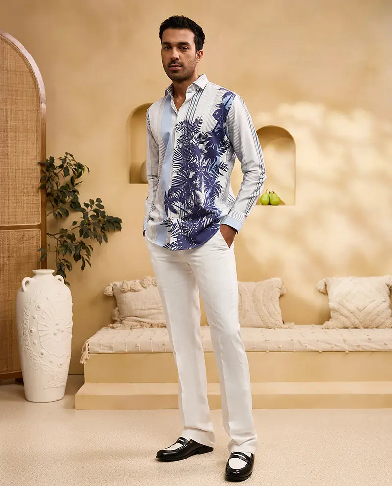 White and Blue Striped Floral Print Slim Fit Shirt