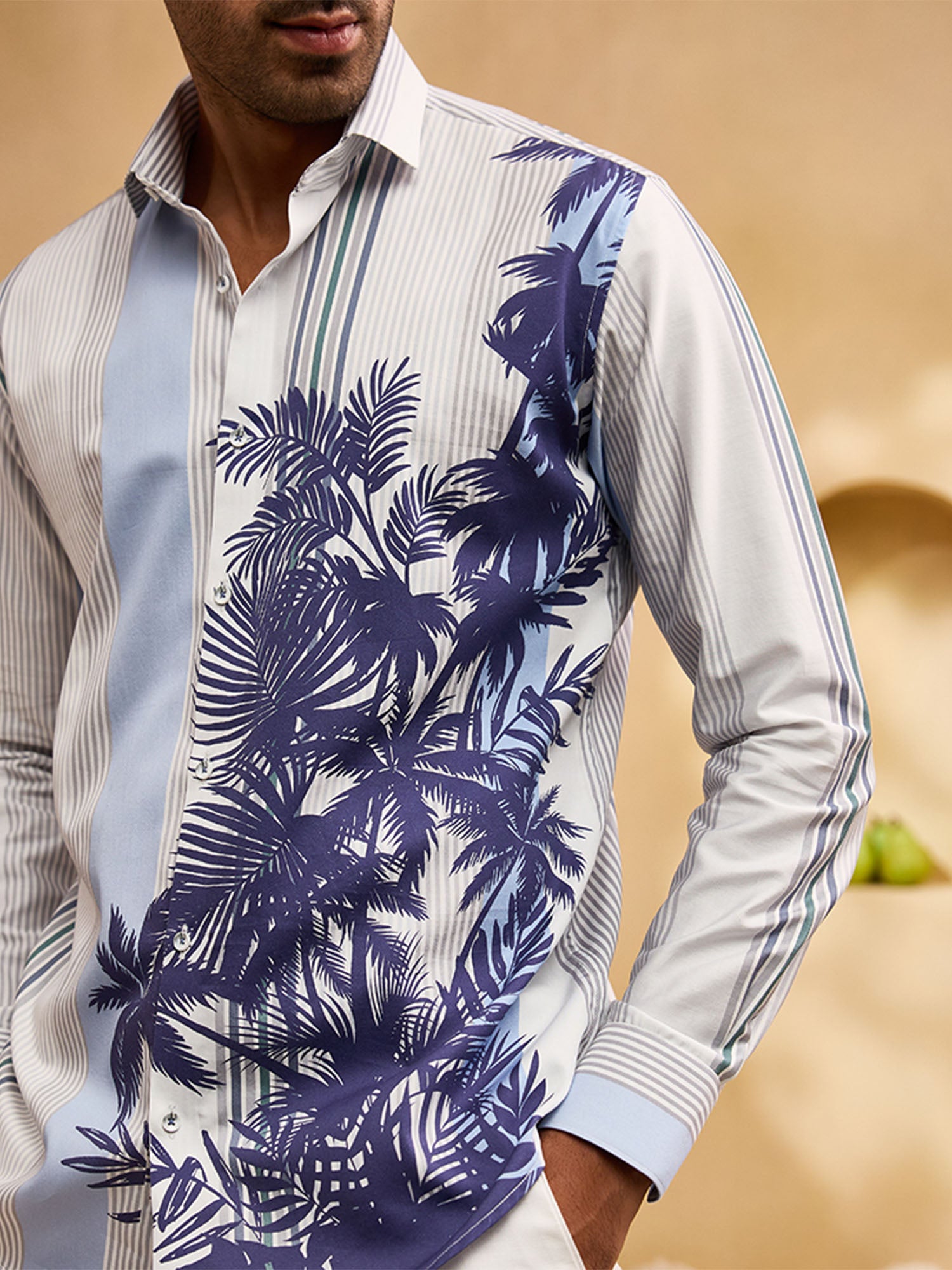 White and Blue Striped Floral Print Slim Fit Shirt