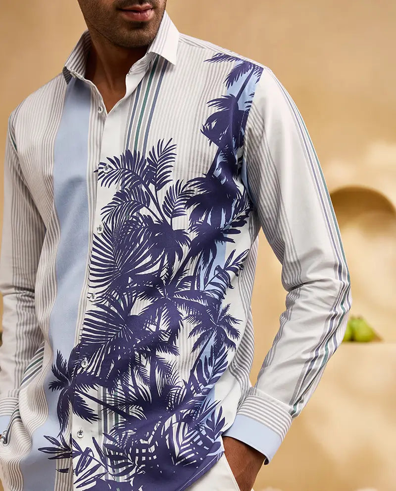 White and Blue Striped Floral Print Slim Fit Shirt