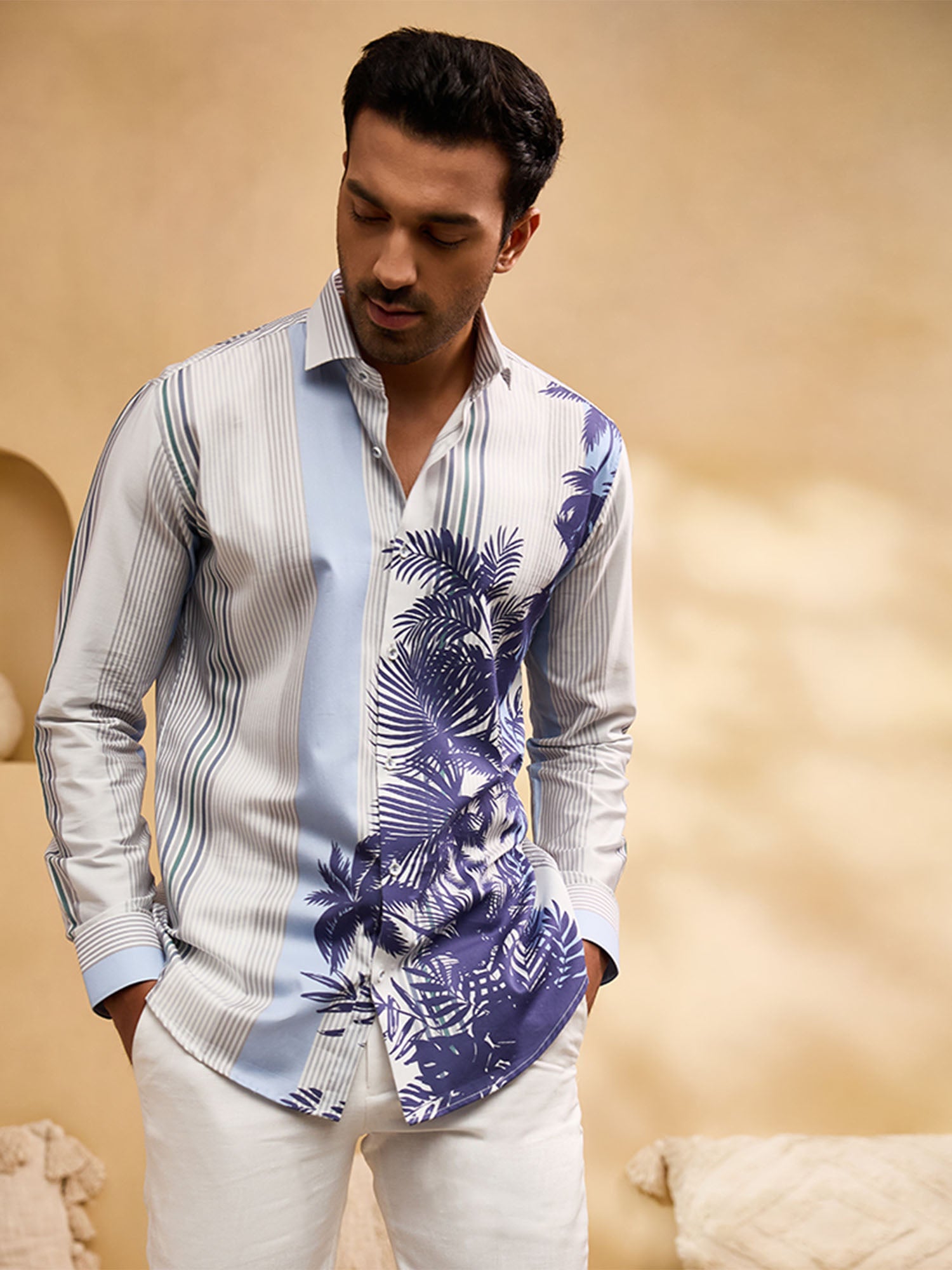 White and Blue Striped Floral Print Slim Fit Shirt