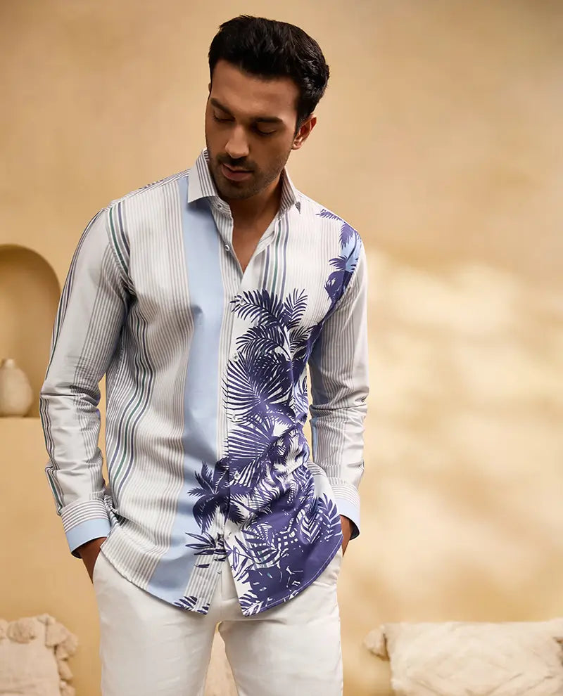 White and Blue Striped Floral Print Slim Fit Shirt