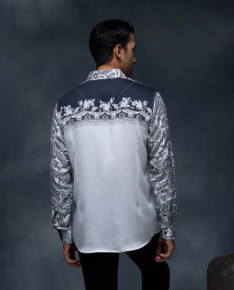 White and Black Geometric Floral Print Panel Slim Fit Shirt
