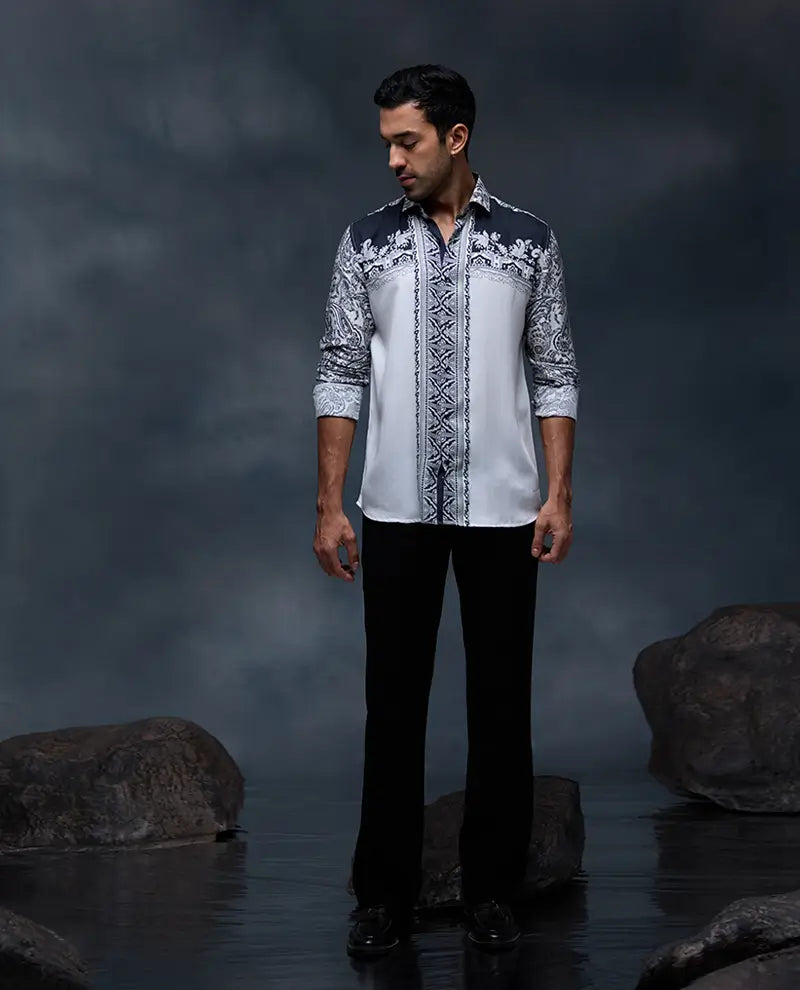 White and Black Geometric Floral Print Panel Slim Fit Shirt