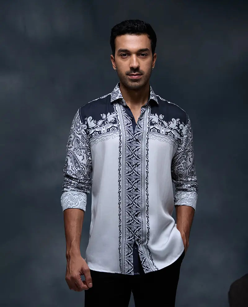 White and Black Geometric Floral Print Panel Slim Fit Shirt
