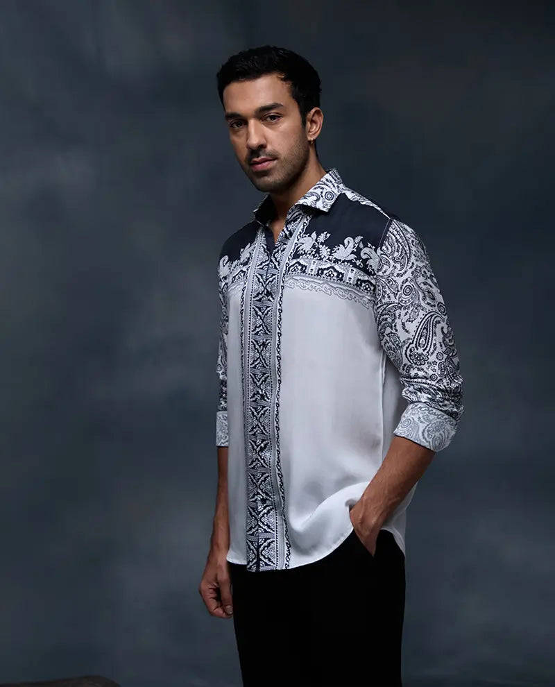 White and Black Geometric Floral Print Panel Slim Fit Shirt