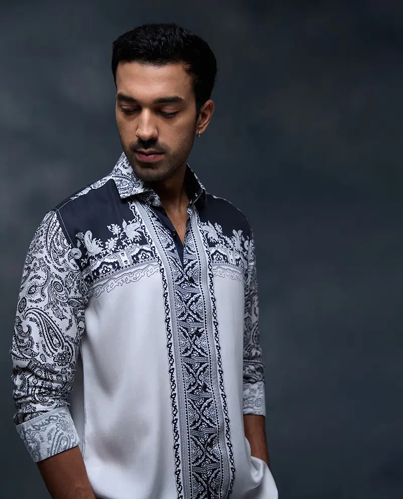 White and Black Geometric Floral Print Panel Slim Fit Shirt