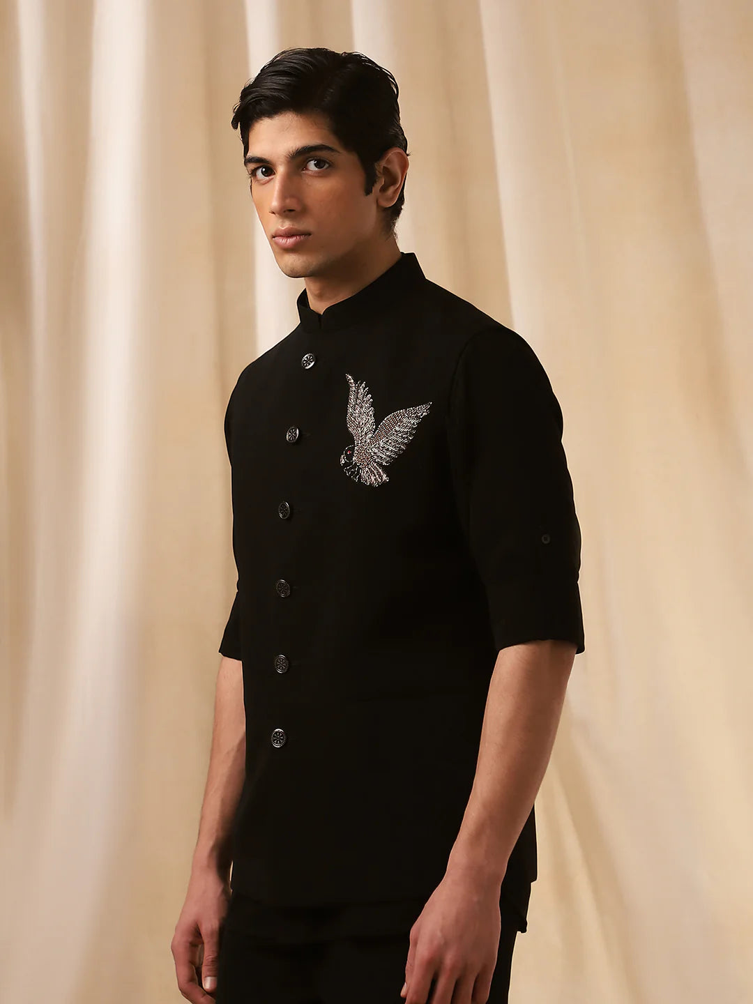 Black Rose Embroidered Bandishirt for Men