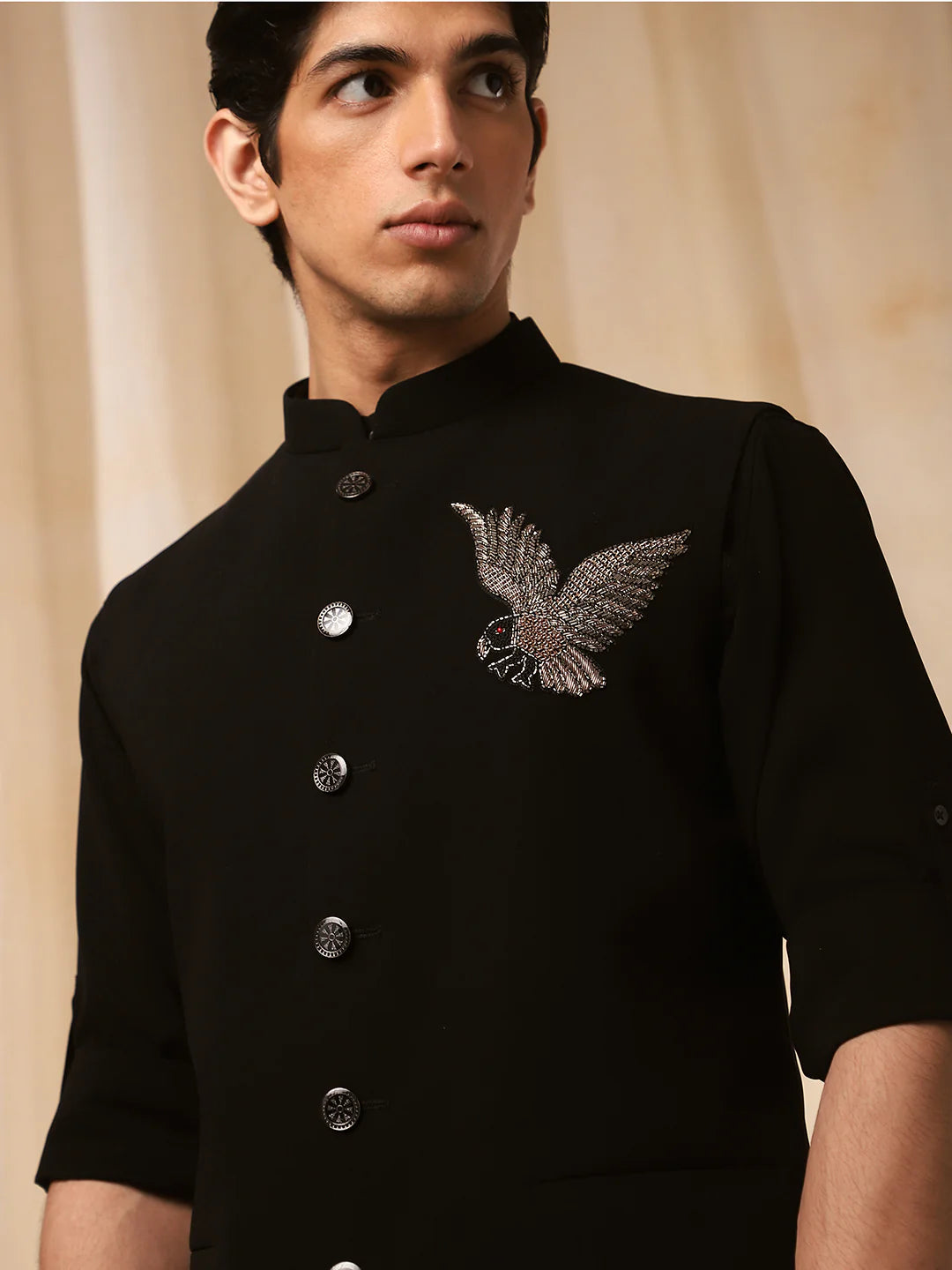 Black Rose Embroidered Bandishirt for Men